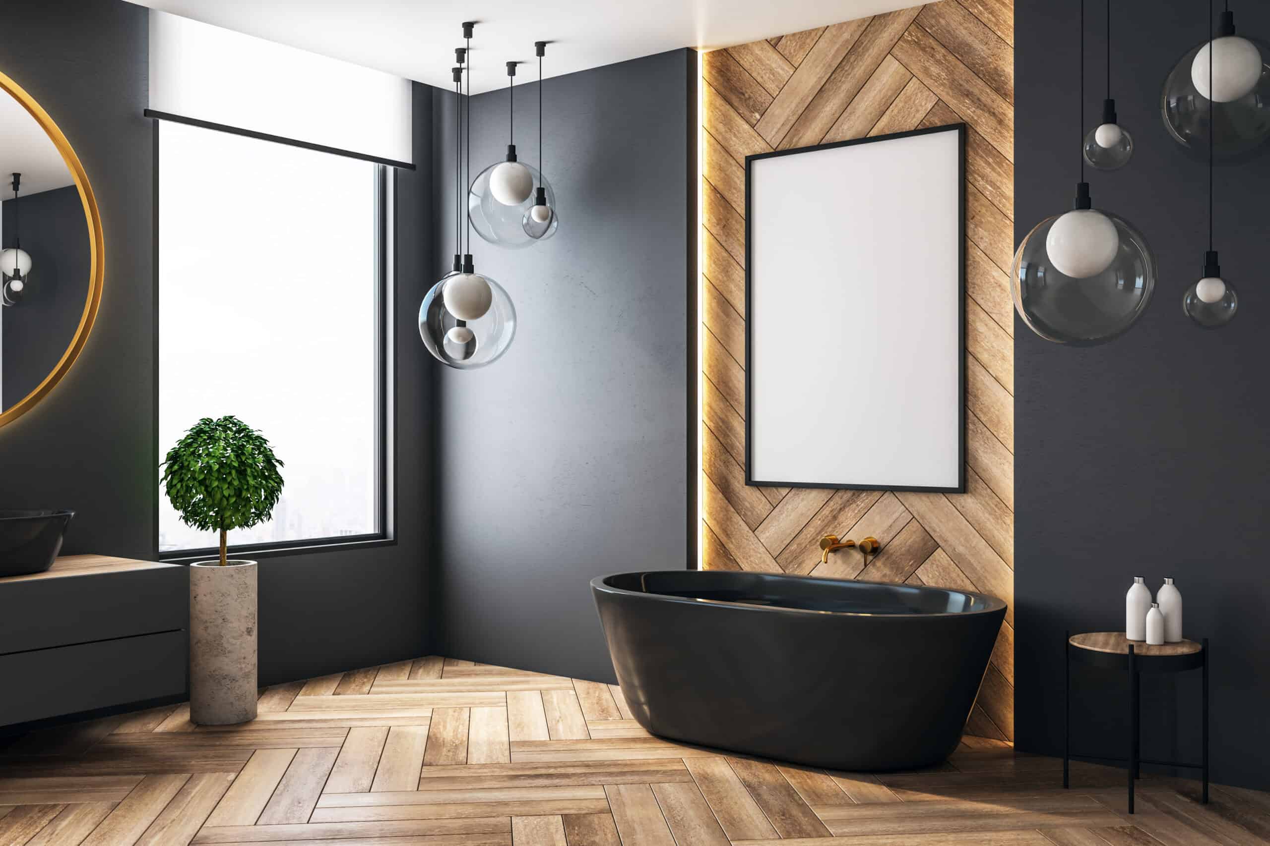 Modern bathroom interior with empty white poster, window with city view, bath tub and decorative items. Mock up, 3D Rendering